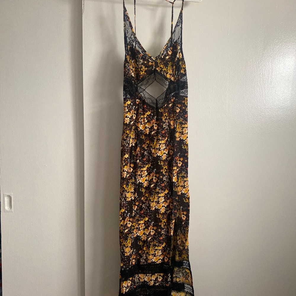 NWT black and yellow floral cutout midi dress